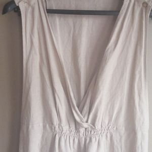 Zara long jumpsuit/overalls, linen/cotton blend, v-neck, wide leg, sz m